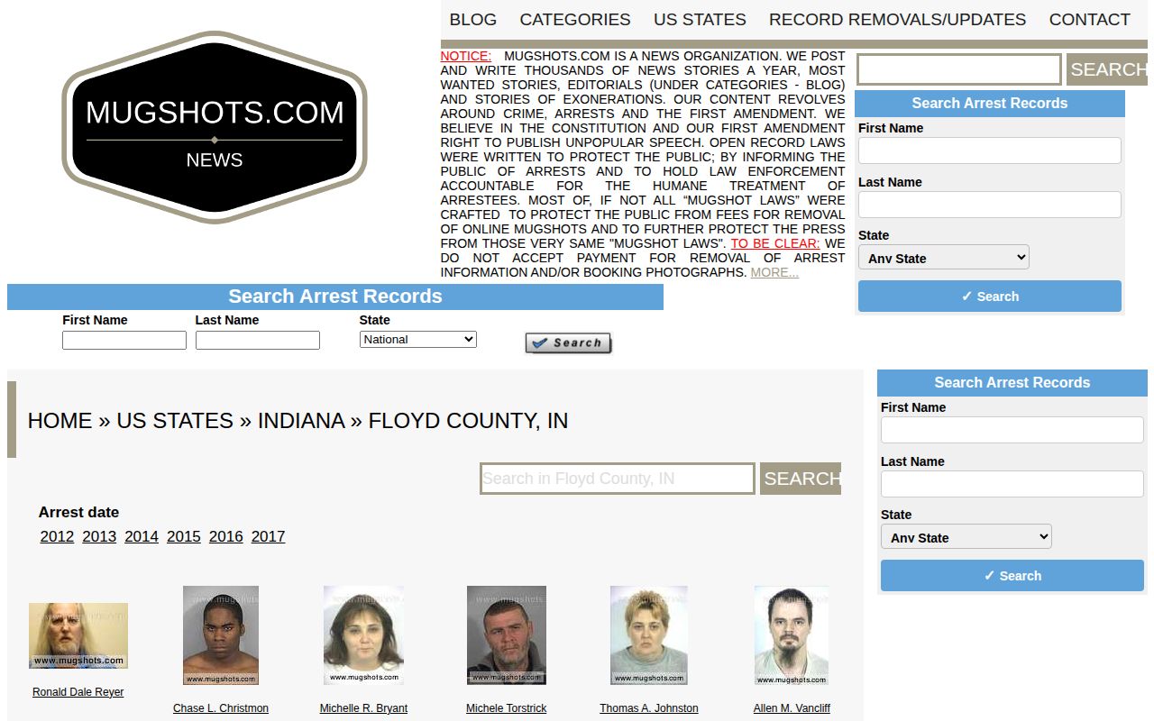 Floyd County historical mugshot record section on an unofficial source